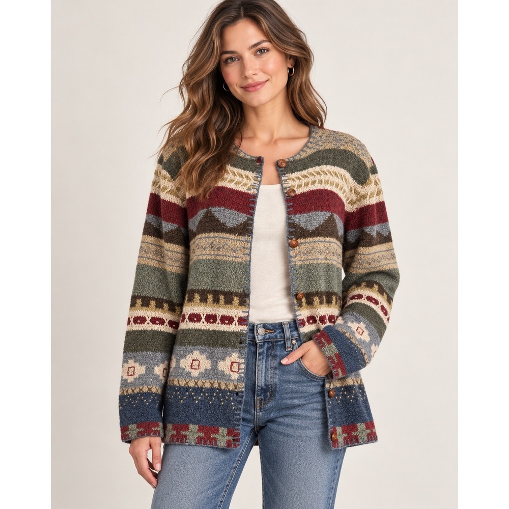 Robert Scott Hand Knitted Wool Silk Linen Cardigan Sweater XL Fair Isle Beaded